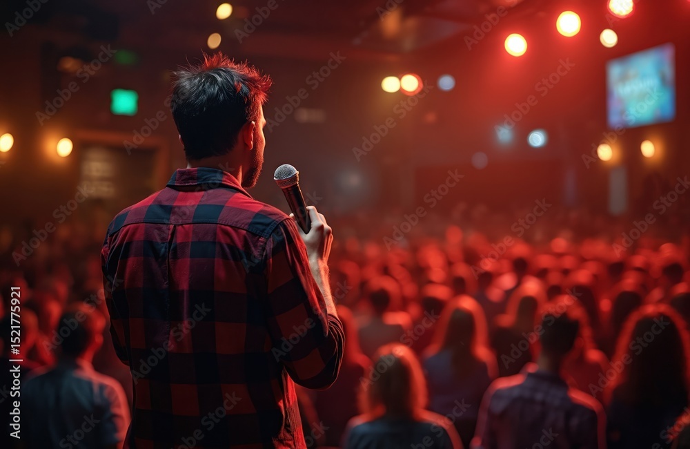 Fototapeta premium Man with microphone performs on stage in front of audience. Stand-up comedy show in night club. Concert event, live music performance in auditorium. Entertainment, speech, public speaking concept.
