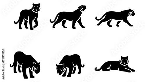 Six black silhouettes of a panther in various poses against a white background.