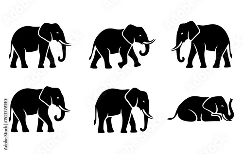 An illustration of multiple elephants silhouette in various poses