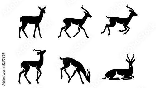 Six gazelle silhouettes in various poses against a white background