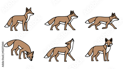 Six stylized foxes showcasing different poses and activities. Each fox is depicted with a minimalist design, emphasizing the essence of their movements