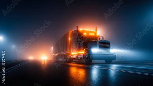 Heavy-duty truck navigating a foggy highway at night with glowing lights illuminating the road ahead