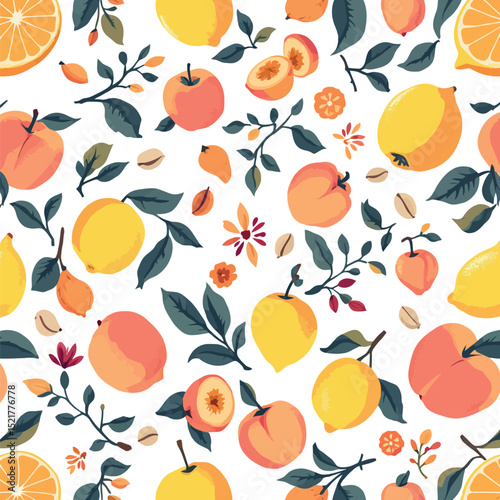 Vsai seamless pattern featuring vibrant peaches, lemons, and floral accents on white background