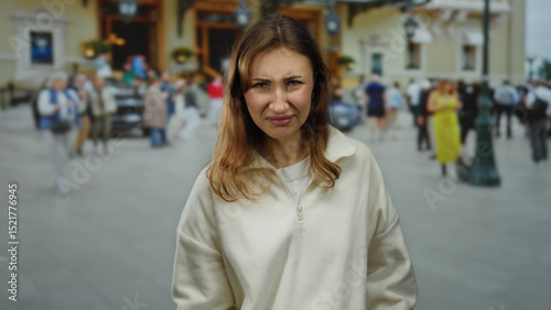 Wallpaper Mural Young woman with confused expression standing on a bustling city street surrounded by a crowd, wearing a white sweater, outdoors in an urban setting during daytime. Torontodigital.ca
