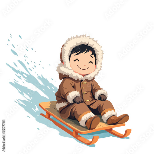 Vsai happy child sliding downhill on wooden sled in winter clothes
