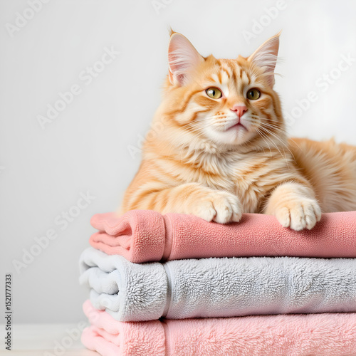 Ginger cat calm alert, sitting on pastel blankets, representing cozy domesticity against off-white wall  photo