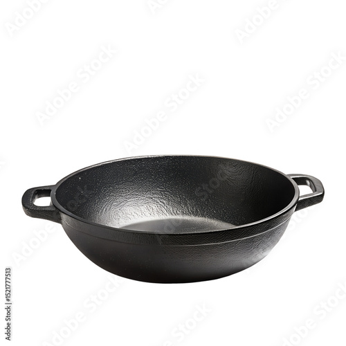 A black cast iron cooking pot with two handles. The pot has a smooth interior and a textured exterior, suitable for various cooking methods.