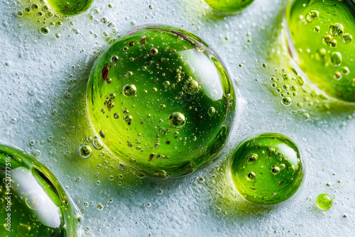 Curious droplets of vibrant green bubbles create an artistic display of nature's beauty and microcosmic wonders