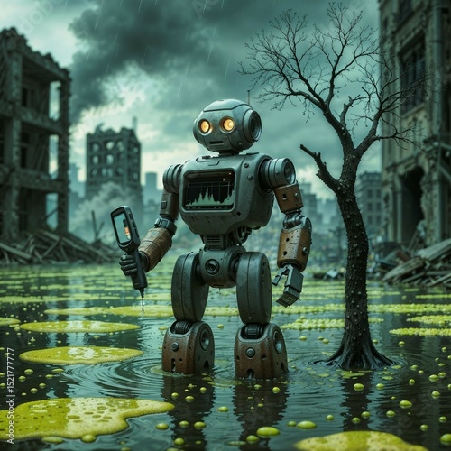rusty robot standing under acid rain in ruined city for environmental awareness project
