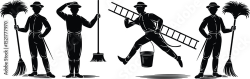Silhouette Icons of Cleaning and Maintenance Workers: Broom, Ladder, Bucket, and Feather Duster