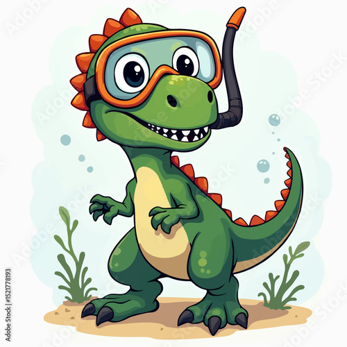 Vector fashion drawing for children, teenager t-shirt. 
Cute green dinosaur boy in scuba diving mask under water
isolated on white background. Design for fabric, 
paper, clothing.