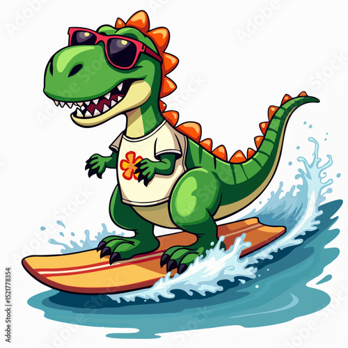 Vector drawing for children, teenager t-shirt. 
Cute green hawaiian dinosaur boy on surfboard on sea wave
isolated on white background. Design for fabric, 
paper, clothing.