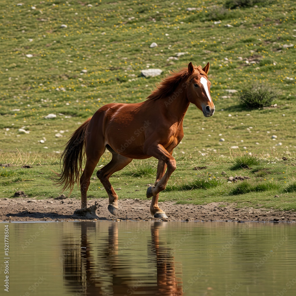 Obraz premium Brown Horse Running Through Water on Sunny Day