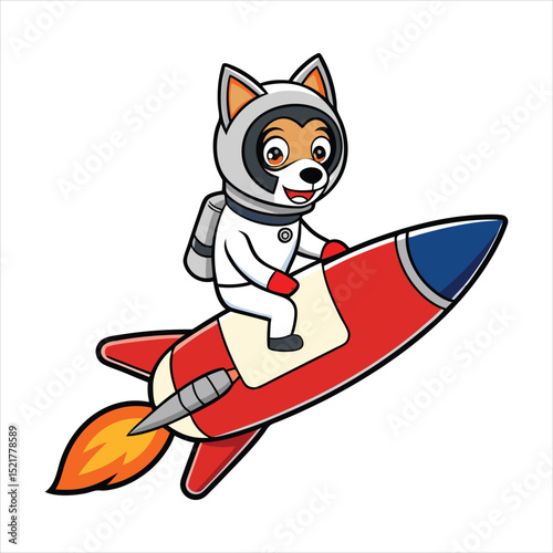 Cute Belgian Shepherd Astronaut Riding Rocket 