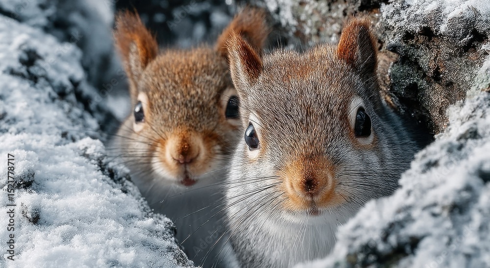 Fototapeta premium Two Squirrels Peeking Out From a Snowy Burrow, Representing Wildlife Conservation and Winter Season : Generative AI
