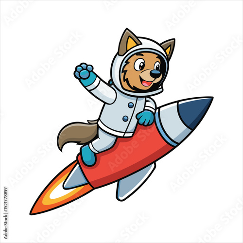 Cute Belgian Shepherd Astronaut Riding Rocket 