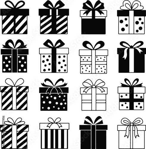 Collection of Black and White Gift Box Icons  Perfect for Holiday Designs and Festive Projects