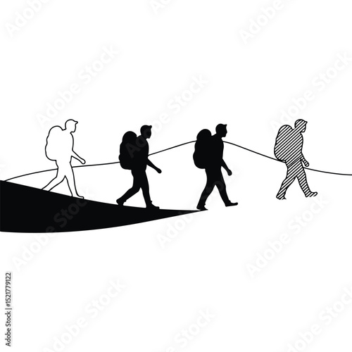 Silhouette of Hikers Trekking Across Mountain Landscape A Vector Illustration
