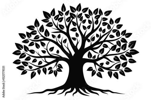 Black Tree Silhouette Graphic with Leaves and Roots Vector Illustration Graphic