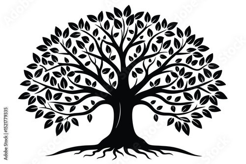 Black Silhouette of a Tree with Roots, Trunk, Branches, and Leaves Forming a Canopy