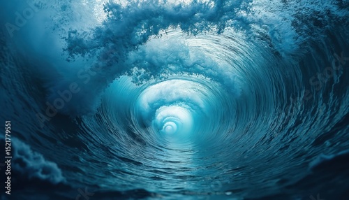 Stunning blue sea wave spiraling into circular water tornado formation. Artistic ocean vortex. Water tunnel structure with spiraling motion. Abstract natural background, travel, water sport, surf.