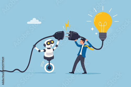 AI Artificial Intelligence support to business success, innovation or technology to get new idea, robot or automation for business concept, businessman plug in lightbulb with robot to work together.