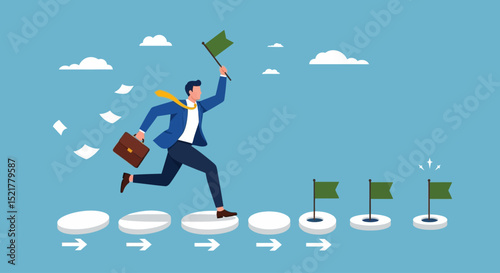 Milestone or roadmap achievement, business success journey, progress to reach goal, motivation to accomplishment, aspiration concept, businessman run to grab completed milestone success flag.