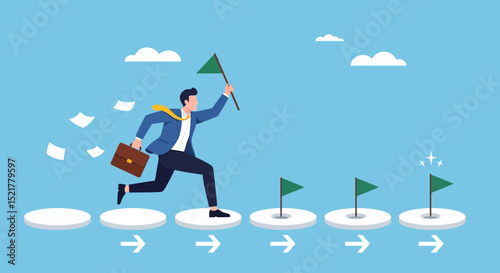Milestone or roadmap achievement, business success journey, progress to reach goal, motivation to accomplishment, aspiration concept, businessman run to grab completed milestone success flag.