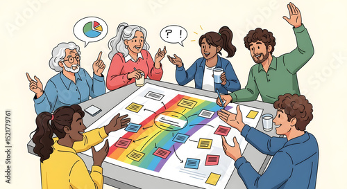 Vibrant vector illustration. Diverse team (different ages, ethnicities) gesturing energetically near a mind map made of rainbow sticky notes.