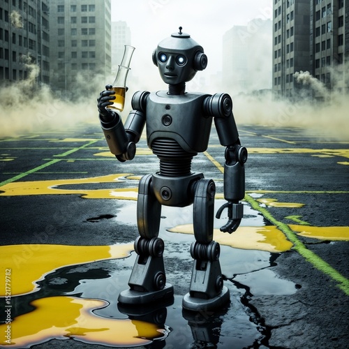 acid rain pollution scene with robot collecting toxic samples in abandoned city