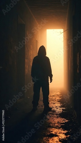 A shadowy figure is startled by a sudden, bright light, casting an eerie glow on their surroundings The unexpected illumination reveals a mysterious and unsettling scene , shadows, dramatic