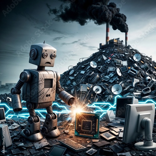 ecological crisis with sad robot on e waste landfill and toxic factory in background