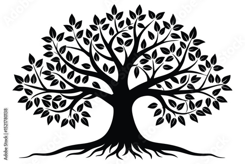 Detailed Silhouette of a Majestic Tree with Roots and Leaves Illustration Art