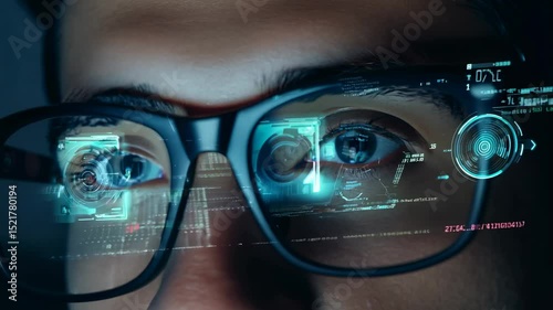 Close-up of a male programmer's eyes with eyeglasses in front of computer monitor. The intense gaze of the male programmer highlights his concentration as he works on complex algorithms.