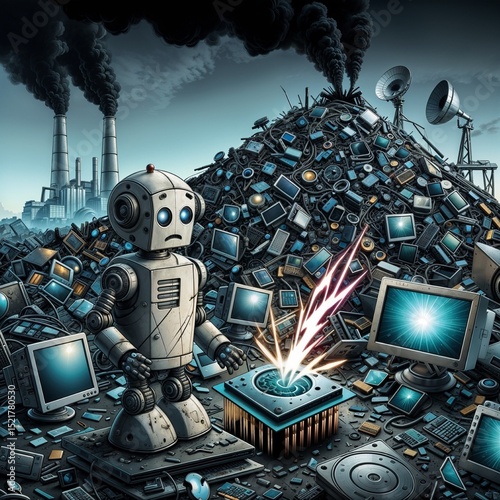 toxic e waste pollution with sad robot and piles of broken devices in dark industrial zone