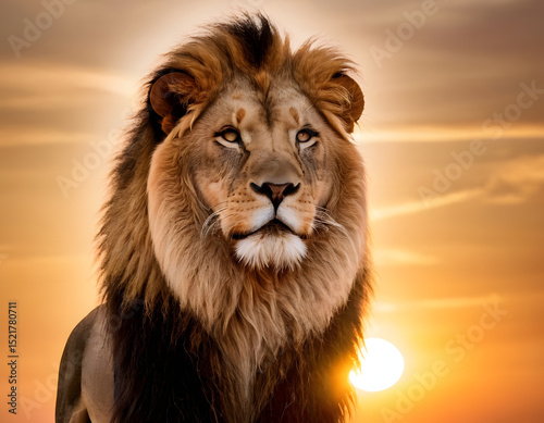 Portrait of a lion, Lion of Judah, exuding strength and power. Christian conceptual illustration, lion in the sunset