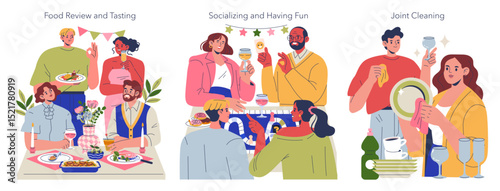 Socializing, Tasting, and Cleaning in Vector Illustrations