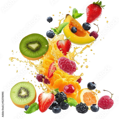 Fototapeta Naklejka Na Ścianę i Meble -  Fresh fruits and juice splash captured in vibrant explosion