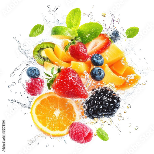 Fresh fruit mix splashing in water with vibrant colors and freshness