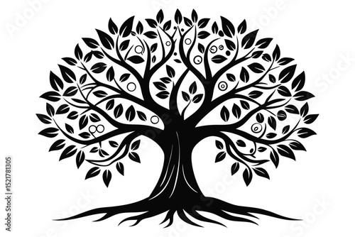Stylized Black Tree Illustration with Leaves, Branches, and Abstract Circle Accents Design