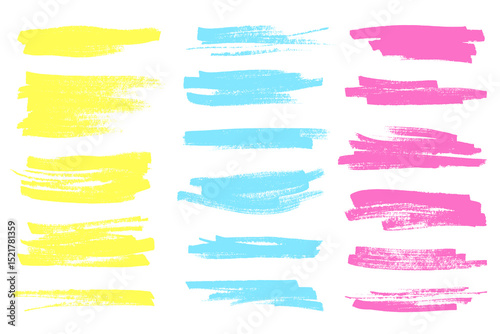 Permanent marker lines for underlining and highlight. Yellow and pink marker stroke collection. Hand drawn rough brush lines 