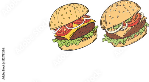 Here's a vector illustration of an apple and pie, along with a delicious beef burger, creating a fresh and fast food snack meal