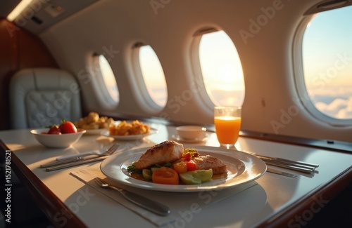 Delicious flight meal on private jet at sunset. Steak, salad, vegetables, bread served on white plate. Orange juice glass. Travel, luxury, business class trip, gourmet cuisine, airline service.