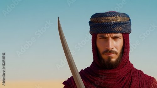 Middle Eastern warrior holding scimitar in traditional turban and robe, serious facial expression, desert sky background, cultural warrior portrait, historical combat look

