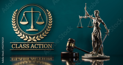 Class Action: Themis and judge's gavel in the background of a golden icon with scales and text