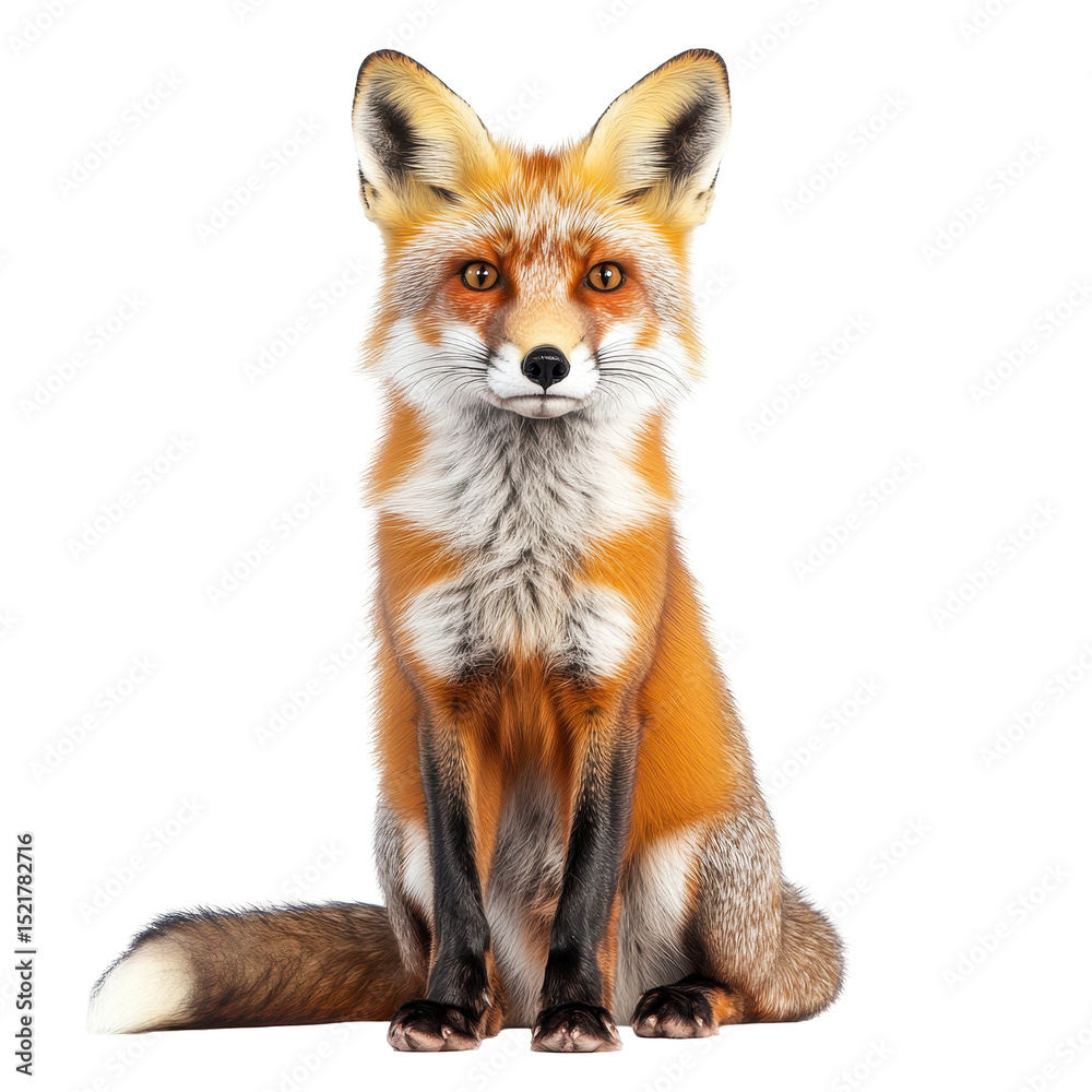 Fototapeta premium Red fox sitting gracefully in a natural pose against a white background