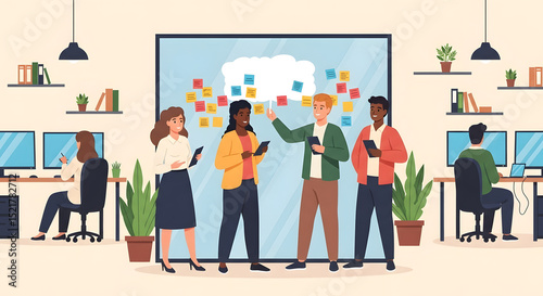 Vector cartoon of a diverse team brainstorming near a glass partition covered in sticky notes. Monitors, potted plants, and desks visible in the background. Casual office attire.