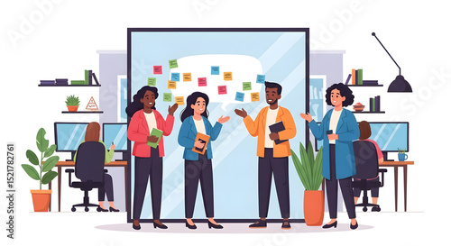 Vector cartoon of a diverse team brainstorming near a glass partition covered in sticky notes. Monitors, potted plants, and desks visible in the background. Casual office attire.