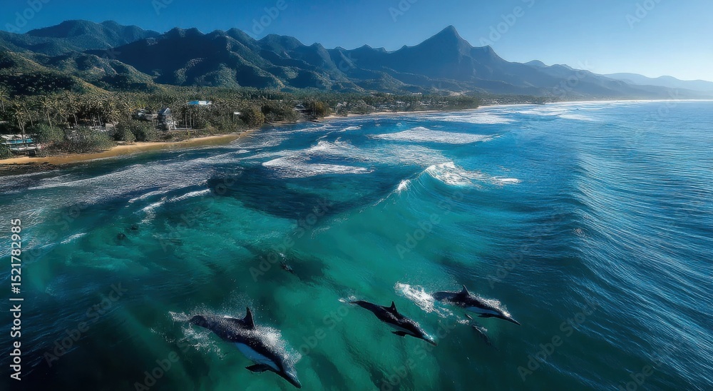Fototapeta premium Aerial View of Dolphins Swimming in Turquoise Ocean Near Tropical Coastline, Promoting Ecotourism and Marine Conservation Awareness : Generative AI