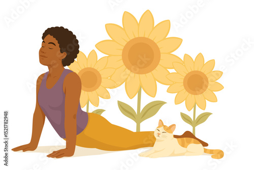 A woman doing yoga in cobra pose on the international day of yoga with sunflowers in the background representing mindfulness and relaxation.